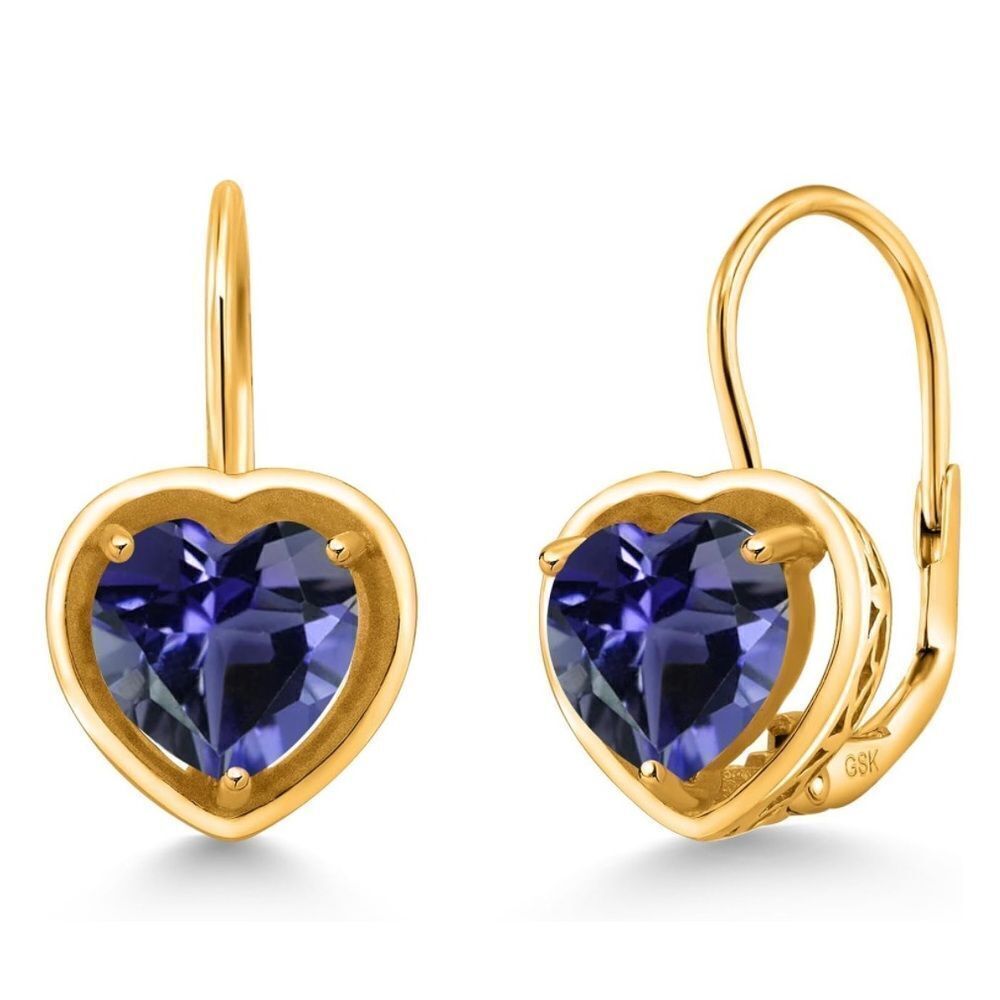 18K Yellow Gold 925 with 1.68 Cttw 7MM Blue Iolite Heart Leverback Drop Earrings